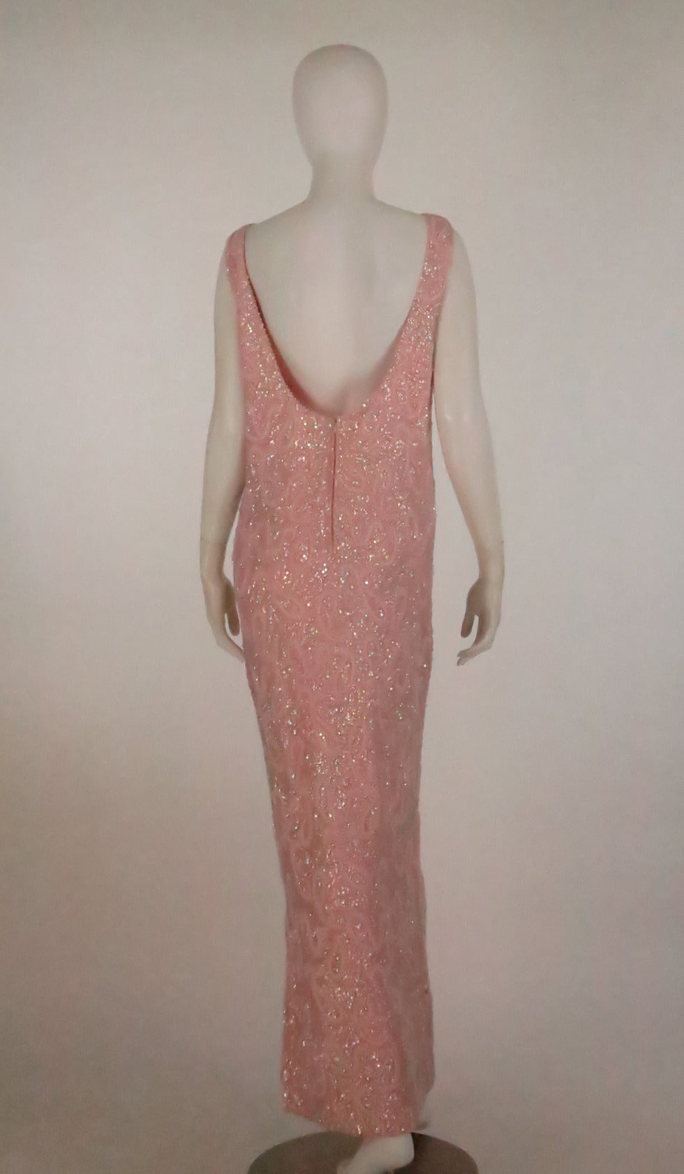 Women's Early 1960s pink beaded sweater knit evening gown Hong Kong