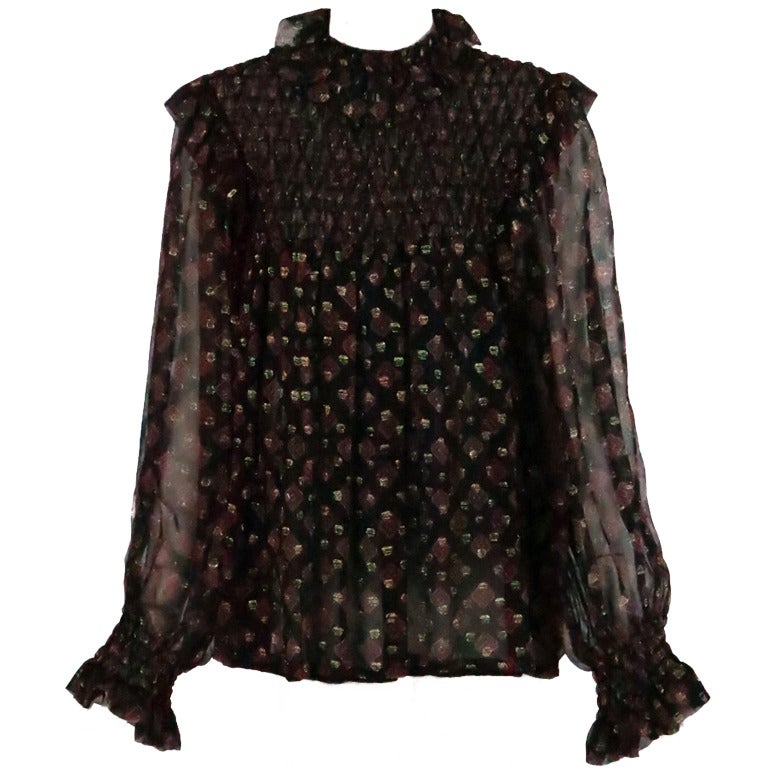 1970s Yves St Laurent Russian collection metallic chiffon blouse at 1stDibs