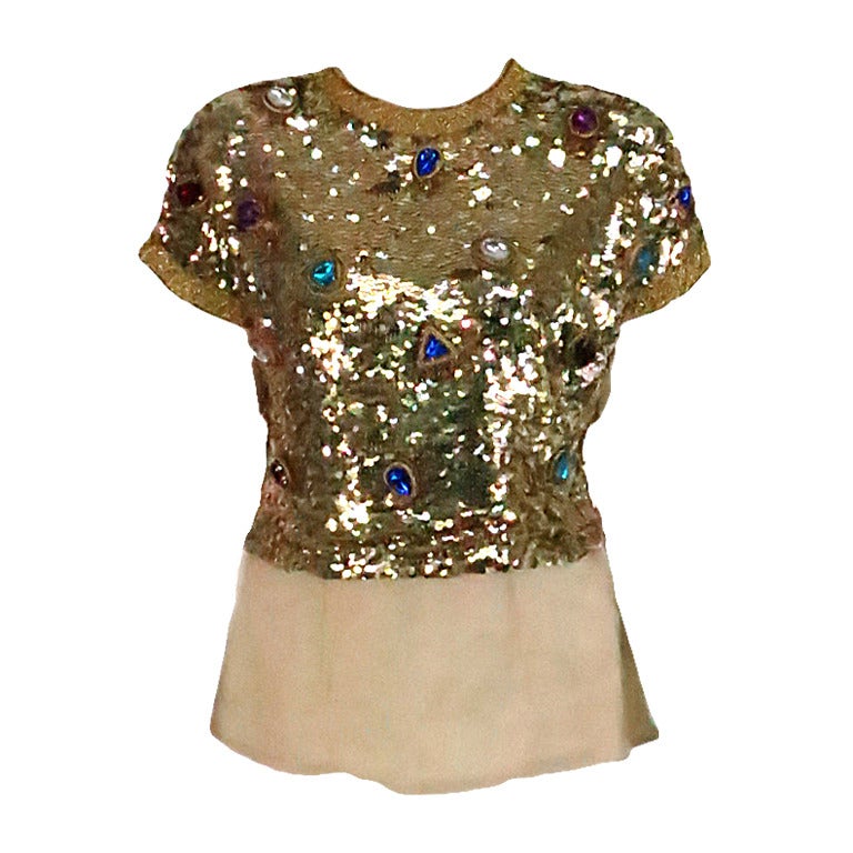 Oscar de la Renta gold sequin jeweled evening top