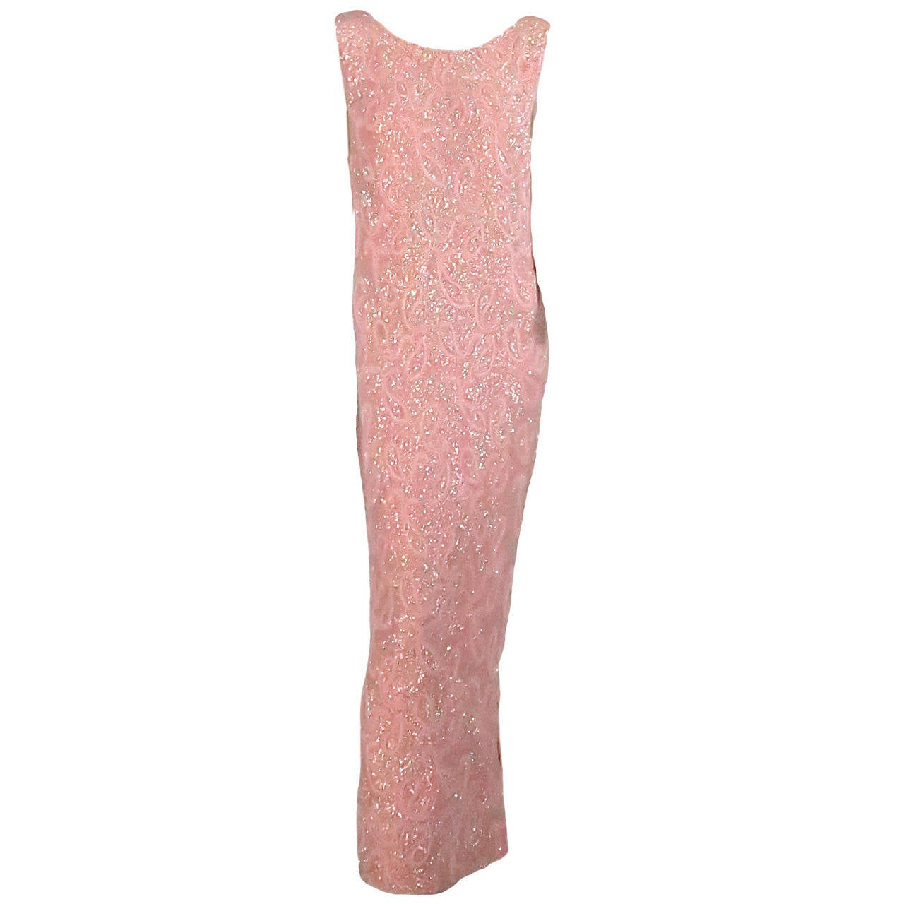 Early 1960s pink beaded sweater knit evening gown Hong Kong