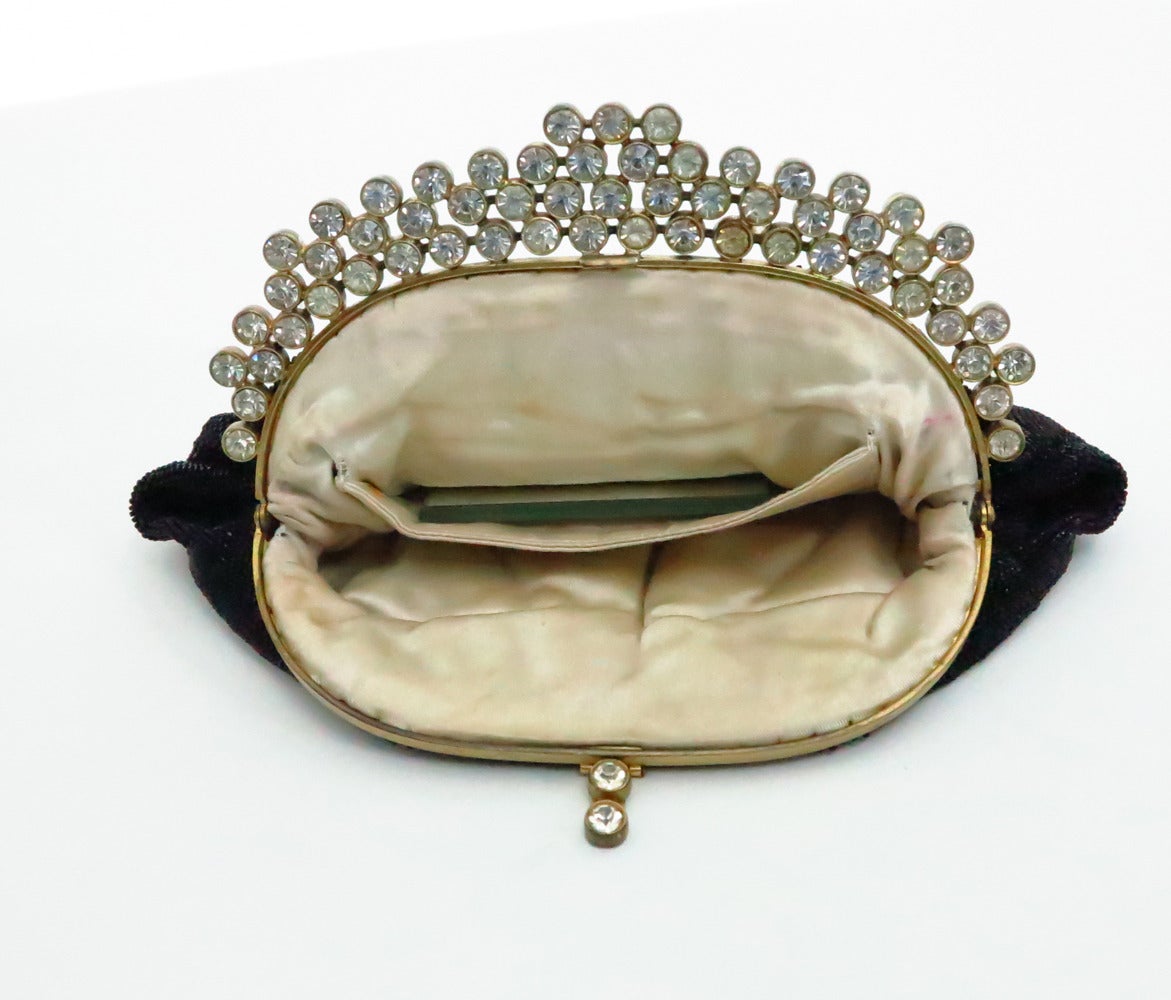 1950s Josef black caviar beaded rhinestone jewel frame evening bag handbag In Excellent Condition In West Palm Beach, FL