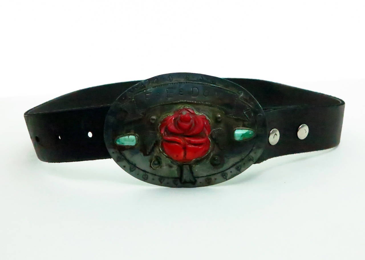 Sweet bird studio creates one of a kind art to wear belt buckles many made from found objects using sterling silver and semi-precious stones…Dated 2008 & titled “Freedom” this buckle is sterling silver with a huge carved coral rose silver wings and