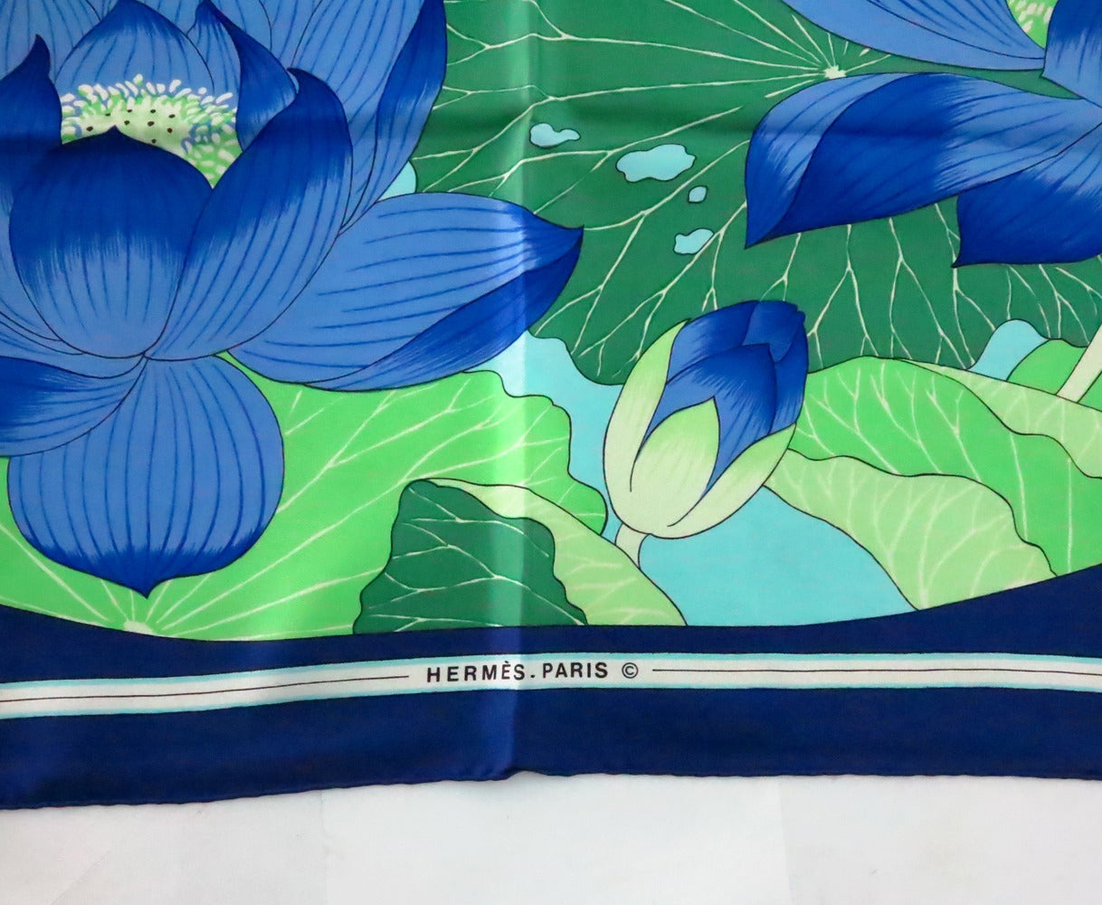 Blue Hermes silk twill scarf Fleurs De Lotus by Christiane Vauzelles 35