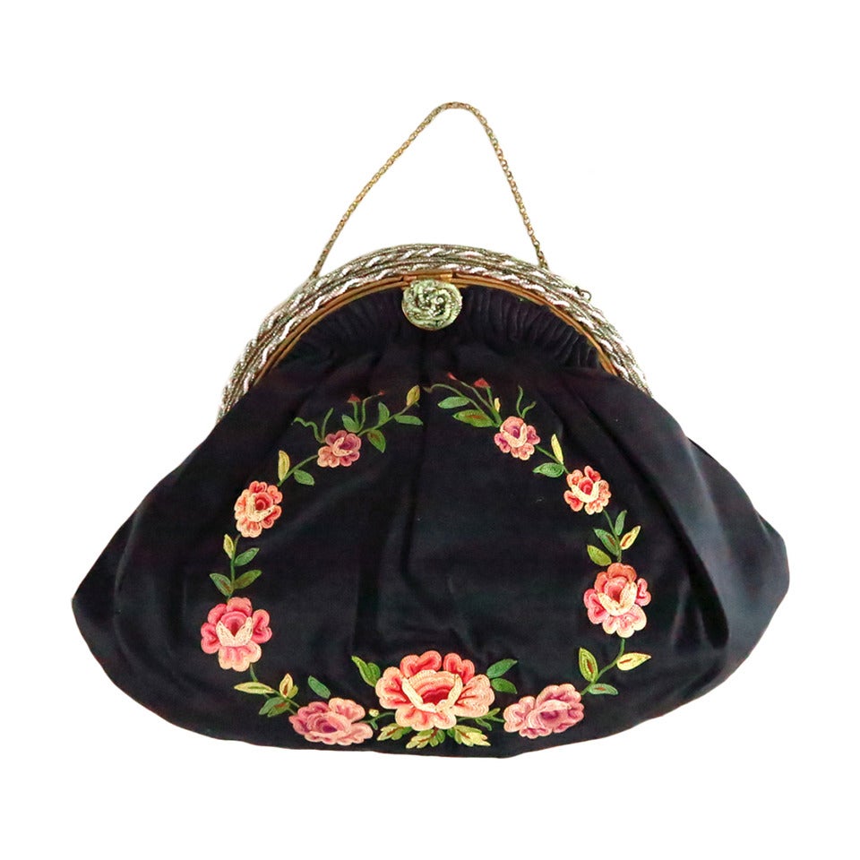 1940s Floral embroidered black silk beaded frame evening bag