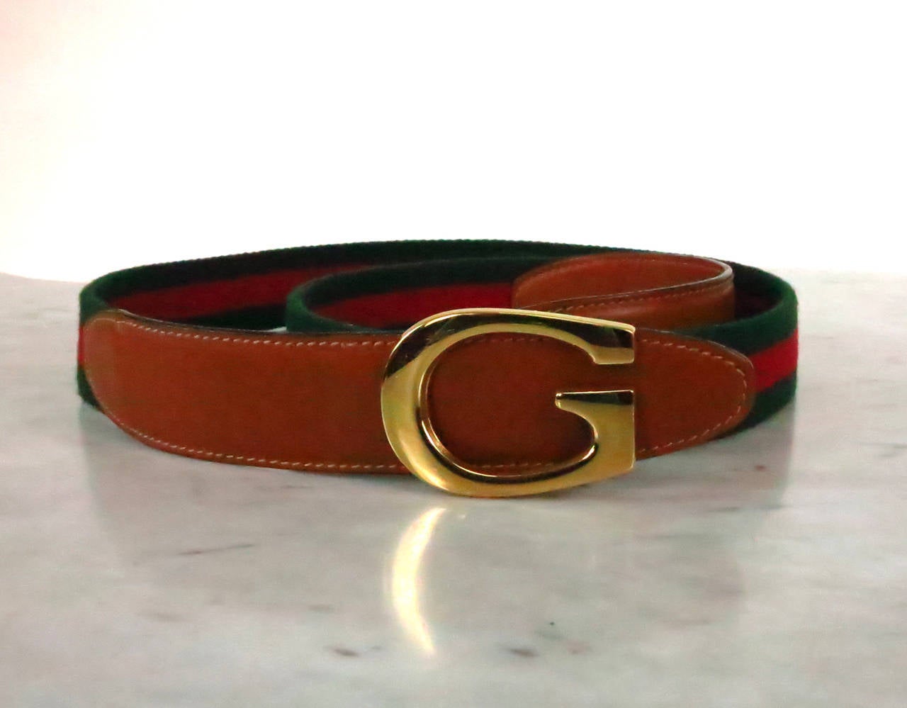 Gucci red and green twill and leather belt with gold “G” buckle 40 at