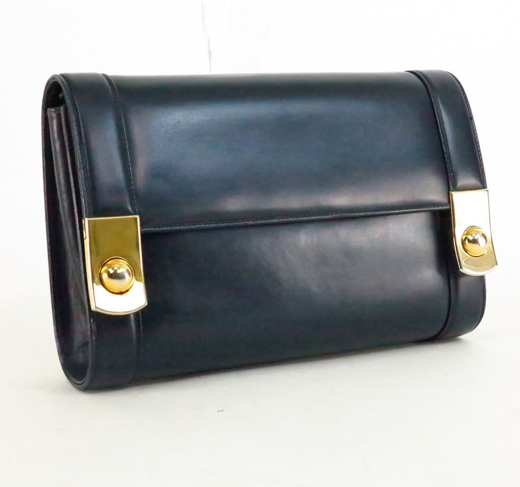 Black Gucci navy blue box calf gold button flap clutch shoulder handbag