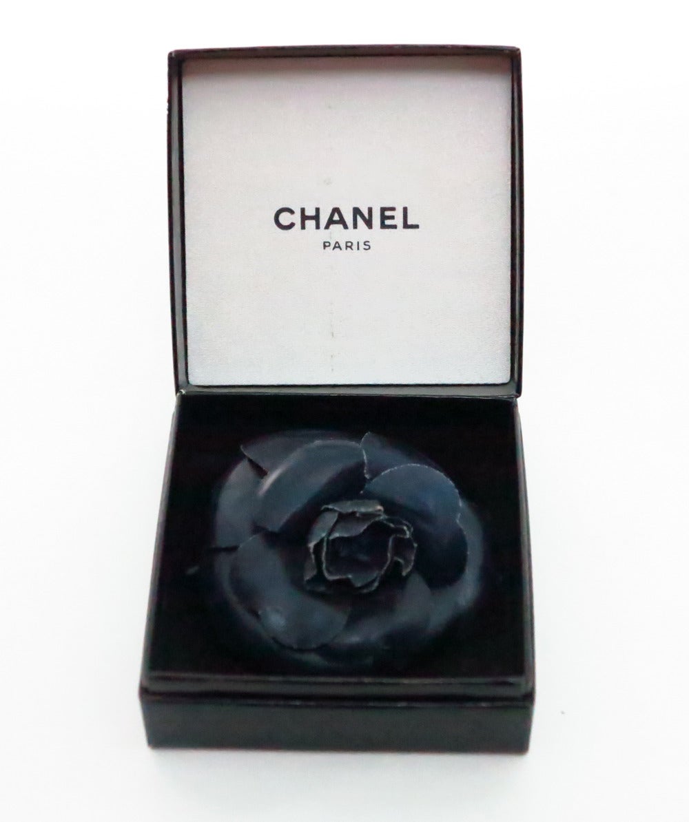 Women's 1990s Chanel navy blue Camilla flower pin with box