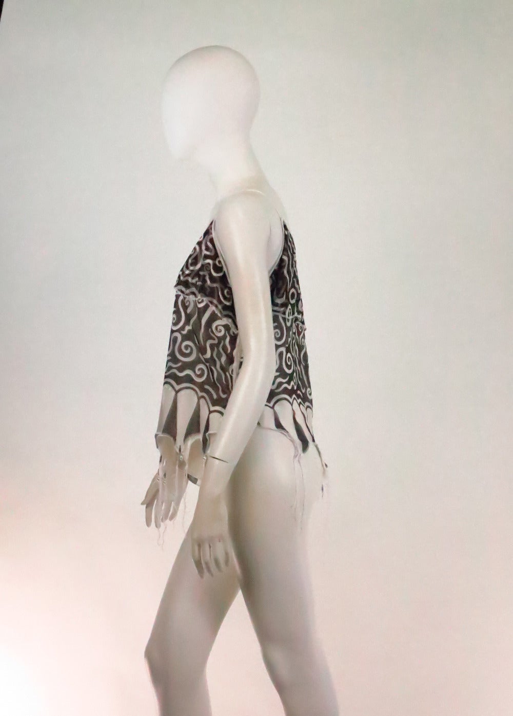 Zandra Rhodes black & white silk print fringe top In Excellent Condition In West Palm Beach, FL