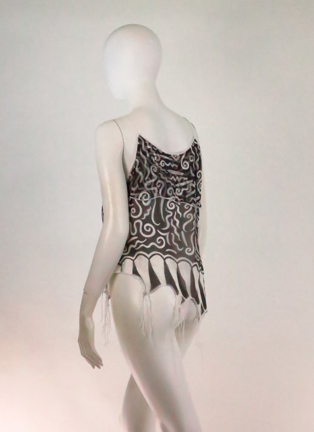 Women's Zandra Rhodes black & white silk print fringe top