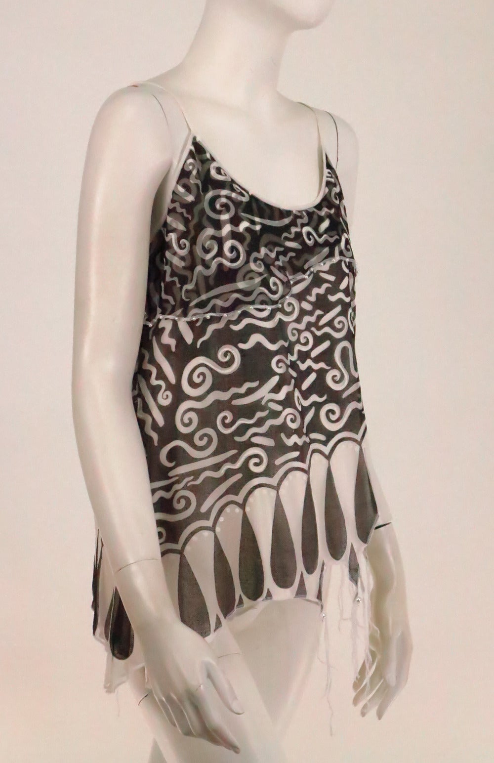 Zandra Rhodes black & white silk print fringe top 3