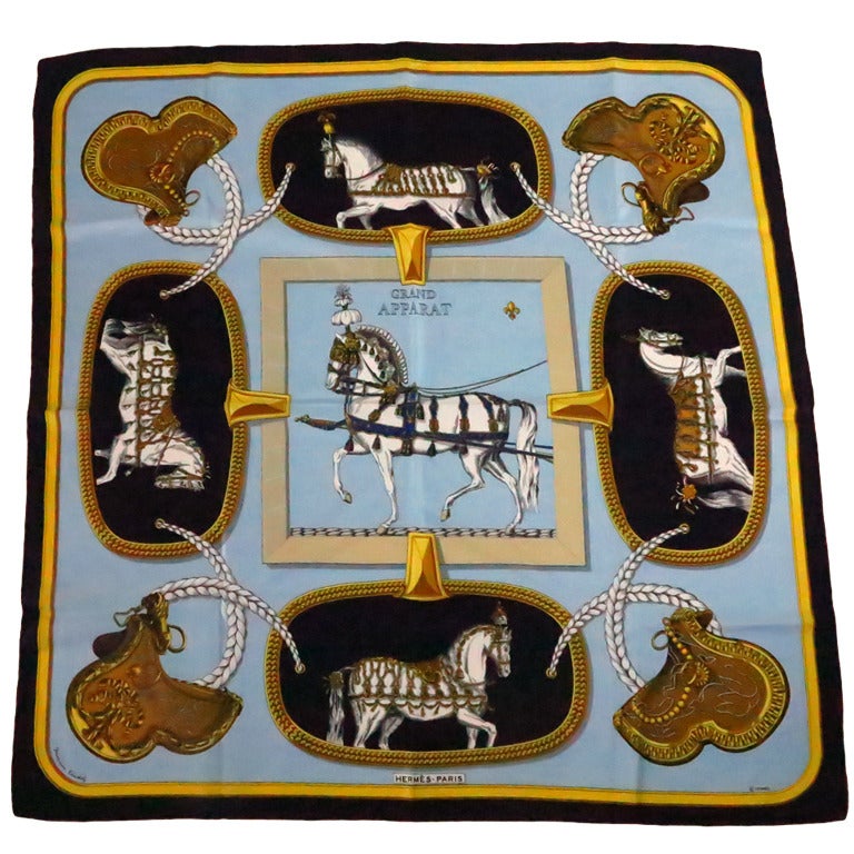Foulard Hermès Grand Apparat En Soie - Modèle Jacques Eudel, Noir, Occasion