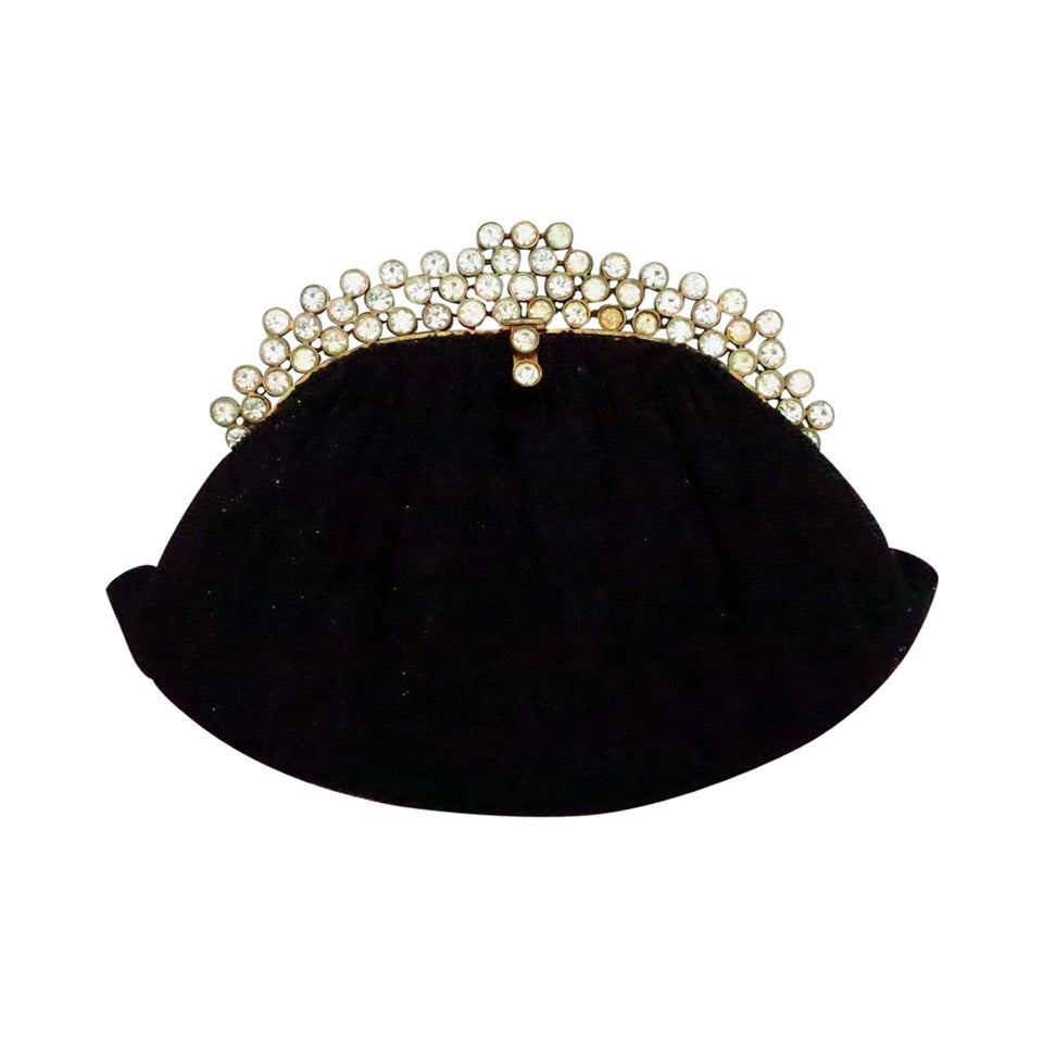 1950s Josef black caviar beaded rhinestone jewel frame evening bag handbag