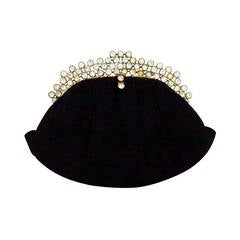 1950s Josef black caviar beaded rhinestone jewel frame evening bag handbag