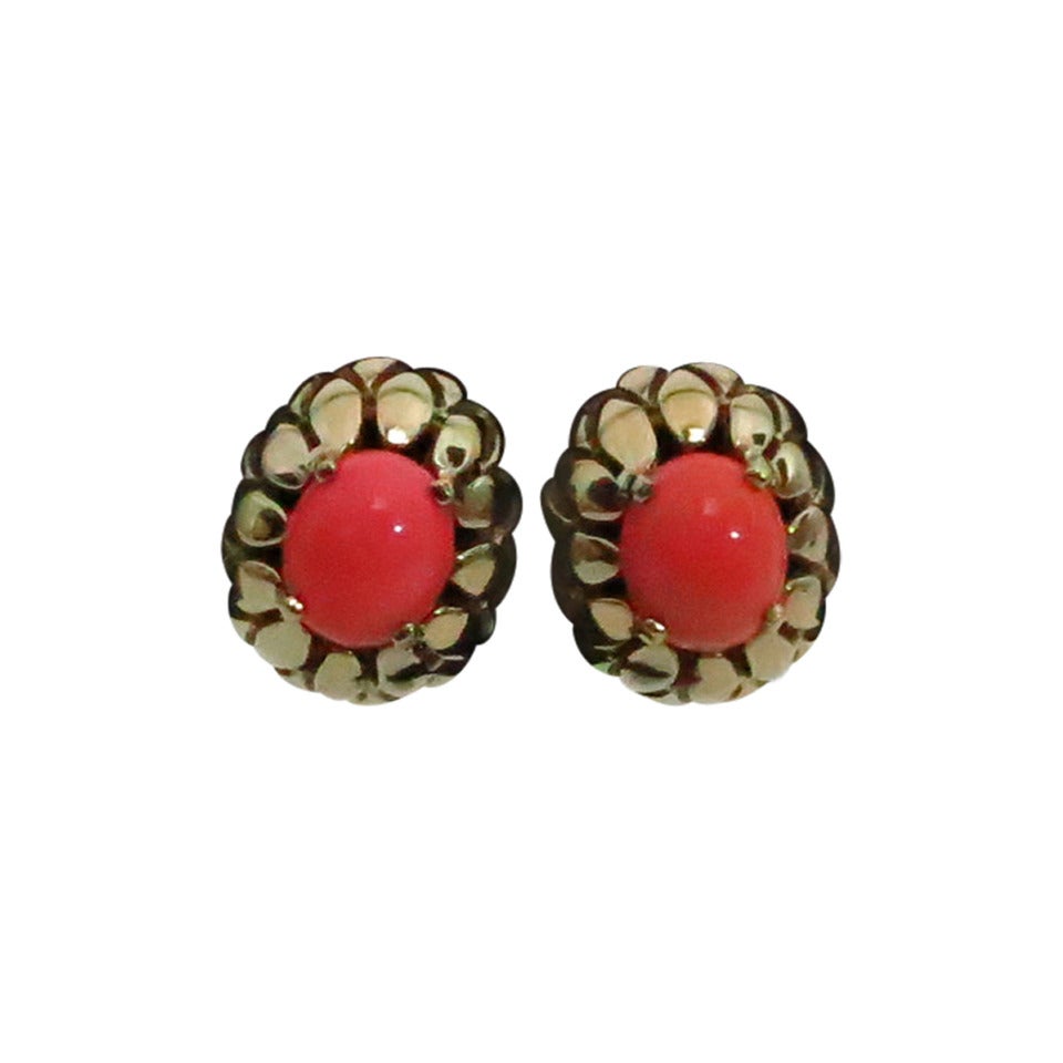 Signed Panetta gold & faux coral clip back earrings