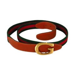 Gucci red & green twill & leather belt with gold “G” buckle 40