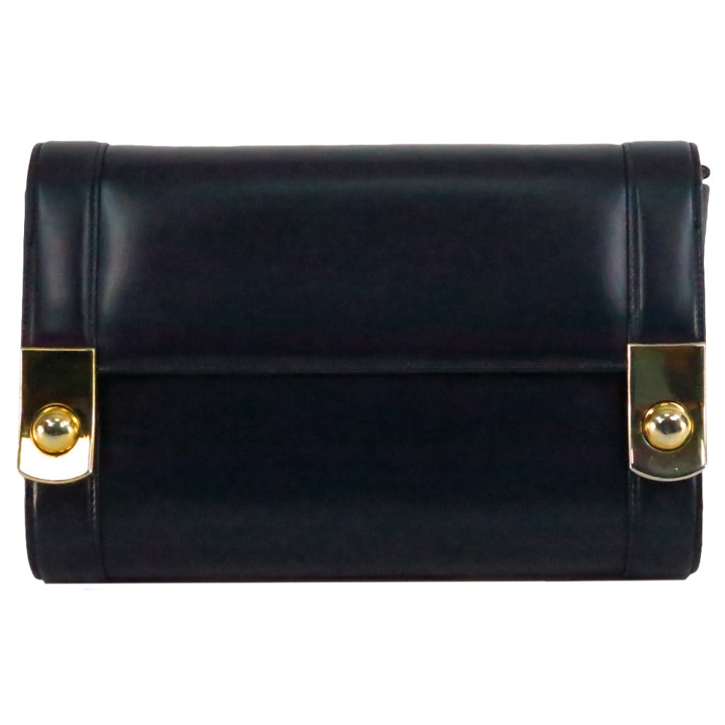 Gucci navy blue box calf gold button flap clutch shoulder handbag