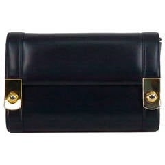 Retro Gucci navy blue box calf gold button flap clutch shoulder handbag