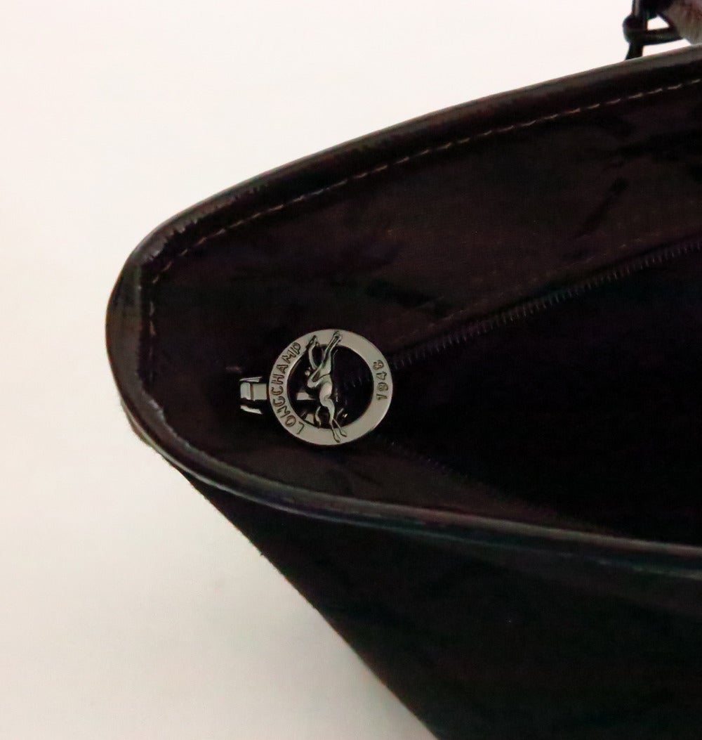 Women's Longchamp tote bag in chocolate brown patent leatehr & logo fabric