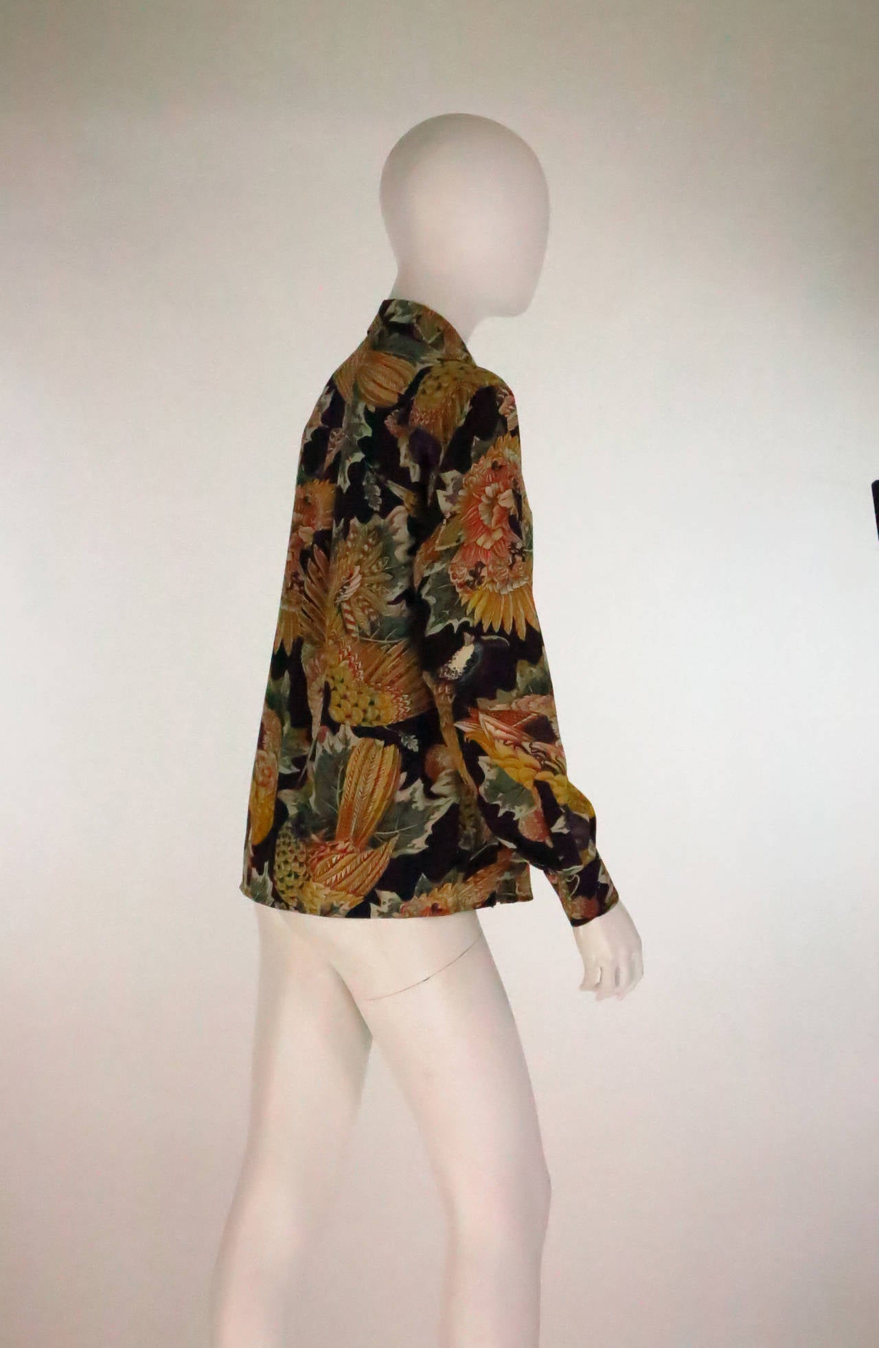 1980s Ferragamo jewel birds of paradise silk blouse In Excellent Condition In West Palm Beach, FL