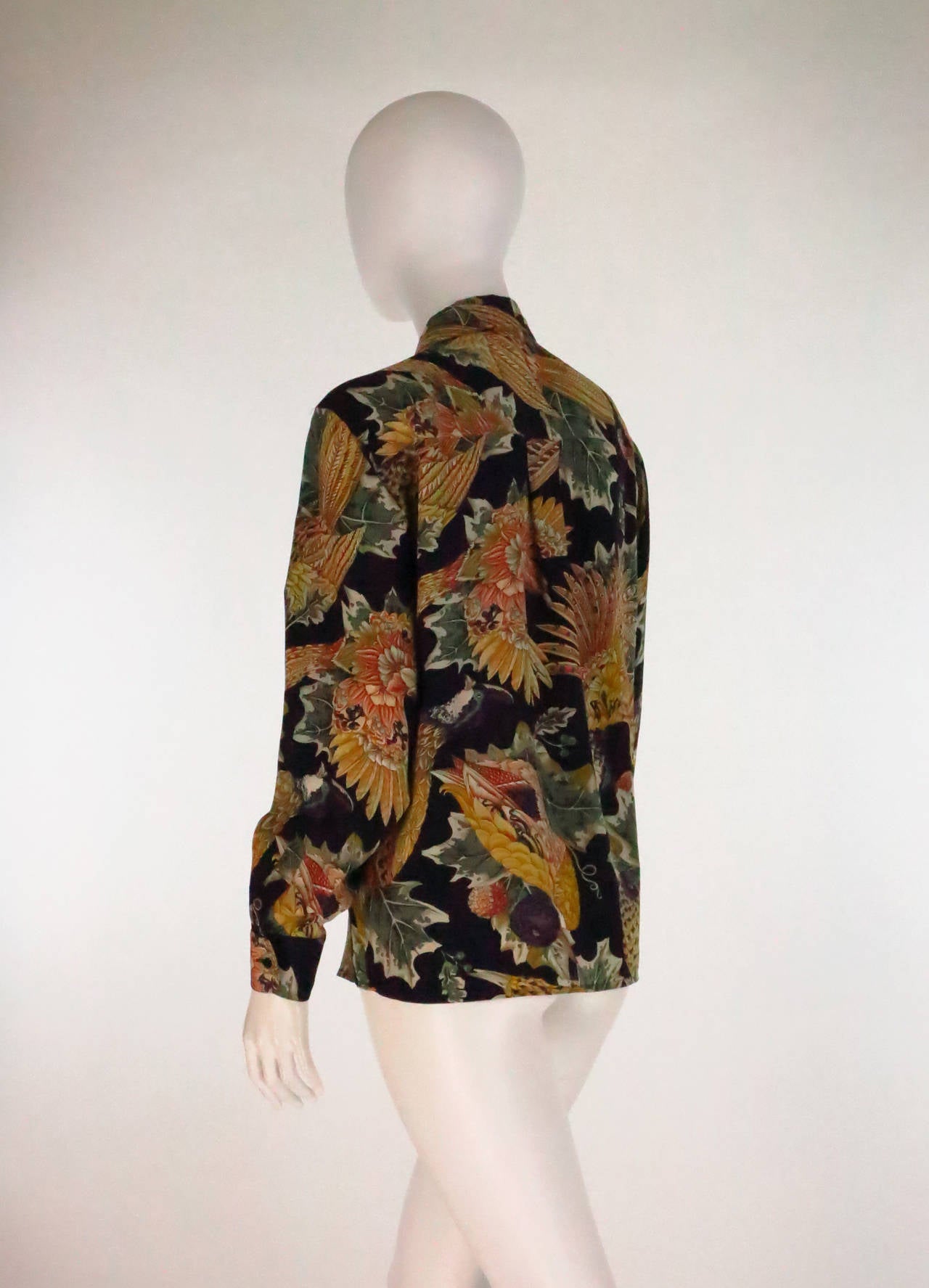 1980s Ferragamo jewel birds of paradise silk blouse 1