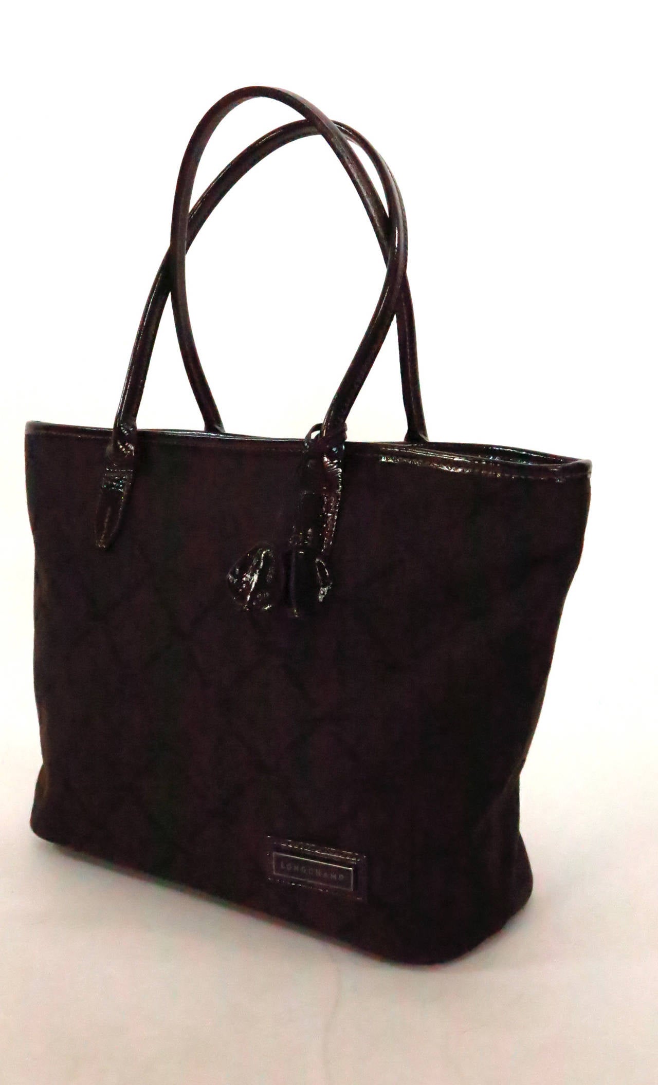 Black Longchamp tote bag in chocolate brown patent leatehr & logo fabric