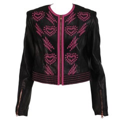 Versace black leather pink laced hearts cropped jacket