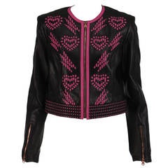 Versace black leather pink laced hearts cropped jacket 7