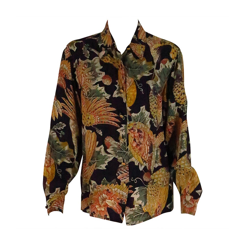 1980s Ferragamo jewel birds of paradise silk blouse