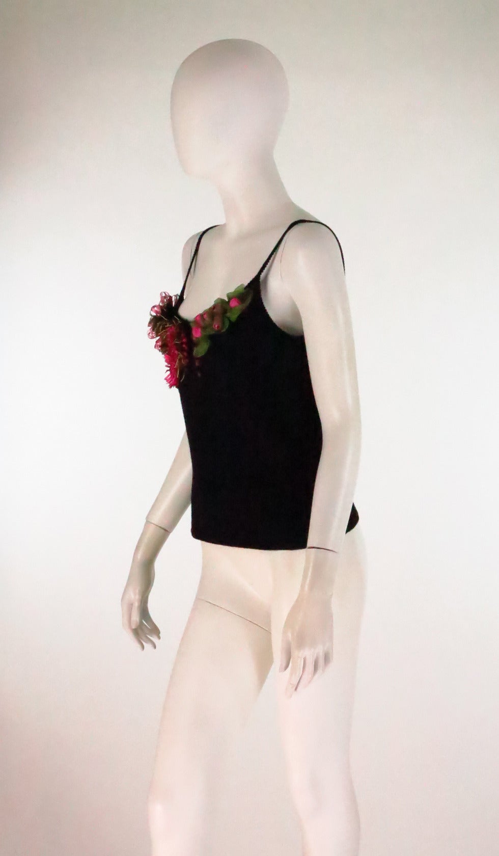 Women's Dior boutique floral ribbon applique black sweater knit tank top