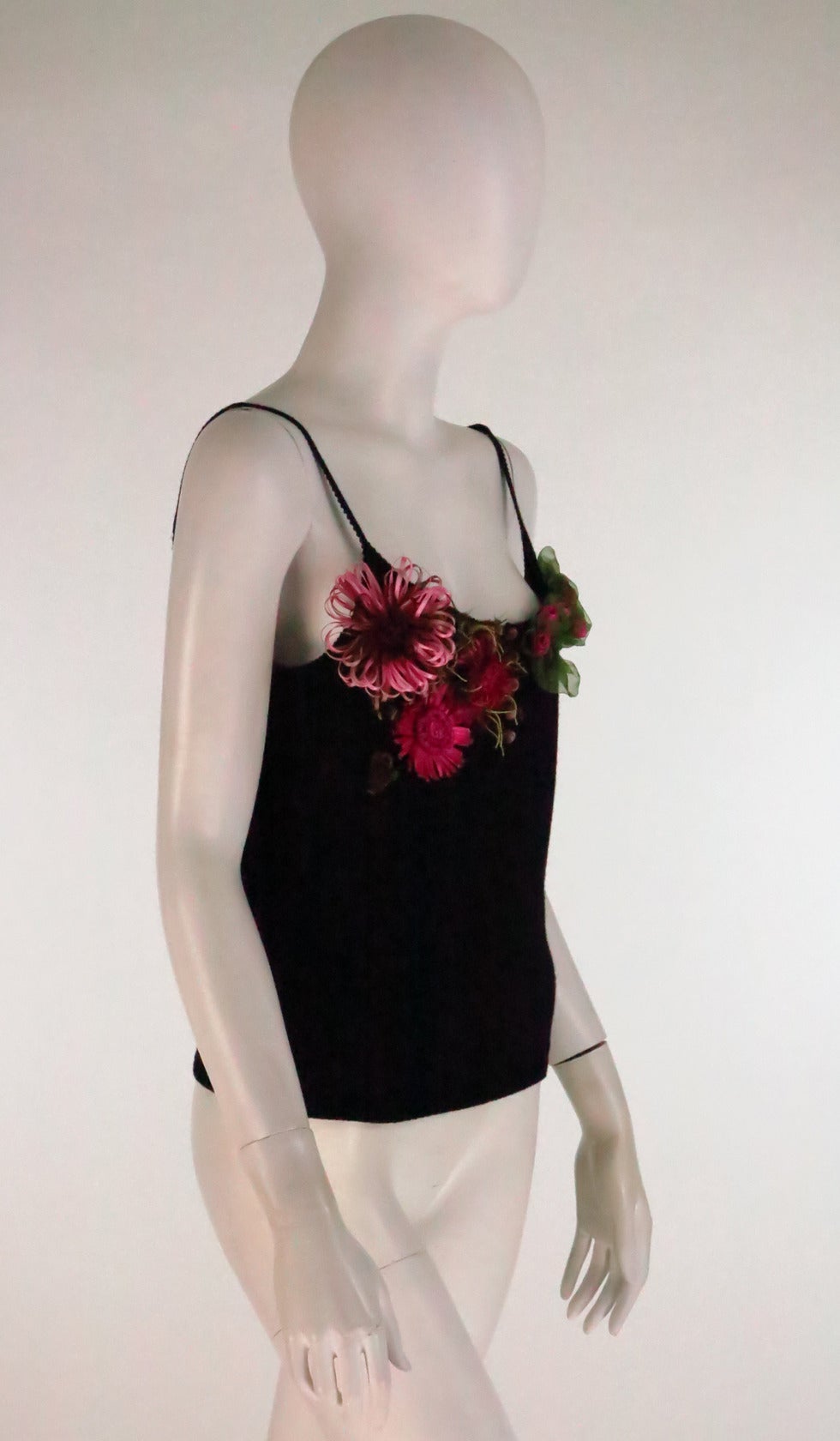 Dior boutique floral ribbon applique black sweater knit tank top 5