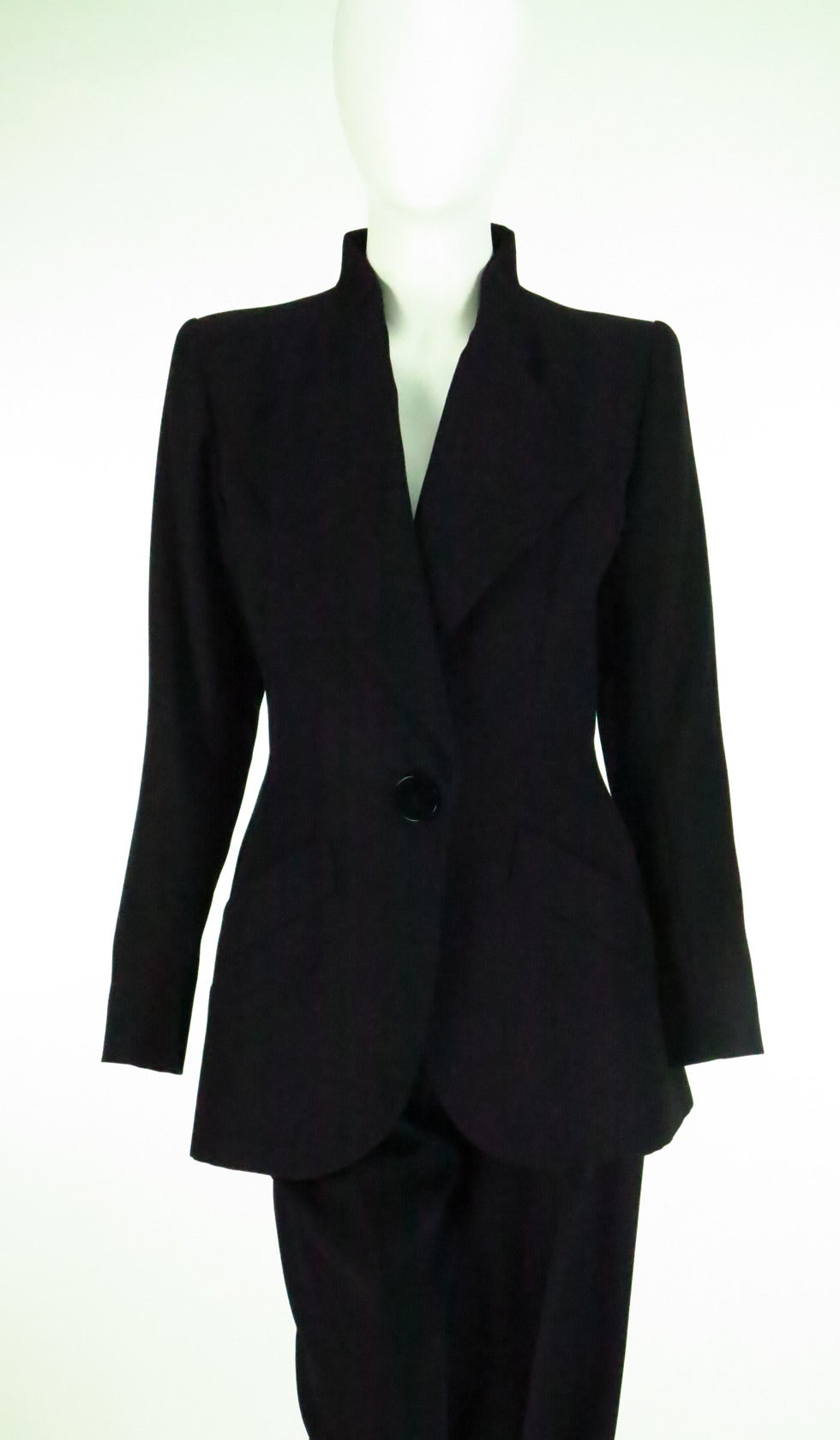 Yves St Laurent black wool twill, nipped waist jacket high waist Trouser...Marked size 36...The trouser is unworn/NWT...The jacket shape is long and fitted giving the body a feminine curve, looks wonderful with a short skirt...Jacket closes at the