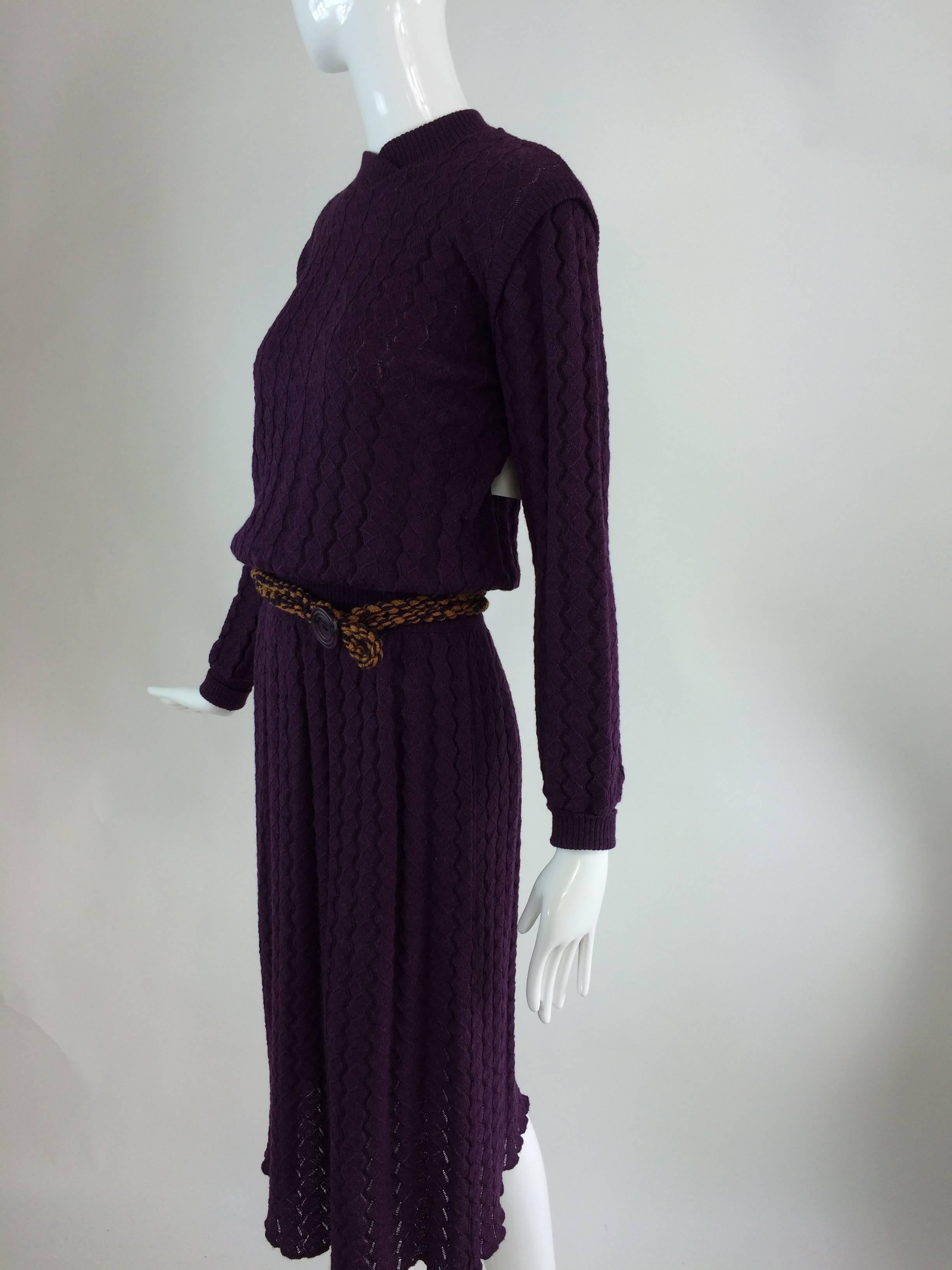 Missoni plum cable kint long sleeve dress & braided belt In Excellent Condition In West Palm Beach, FL
