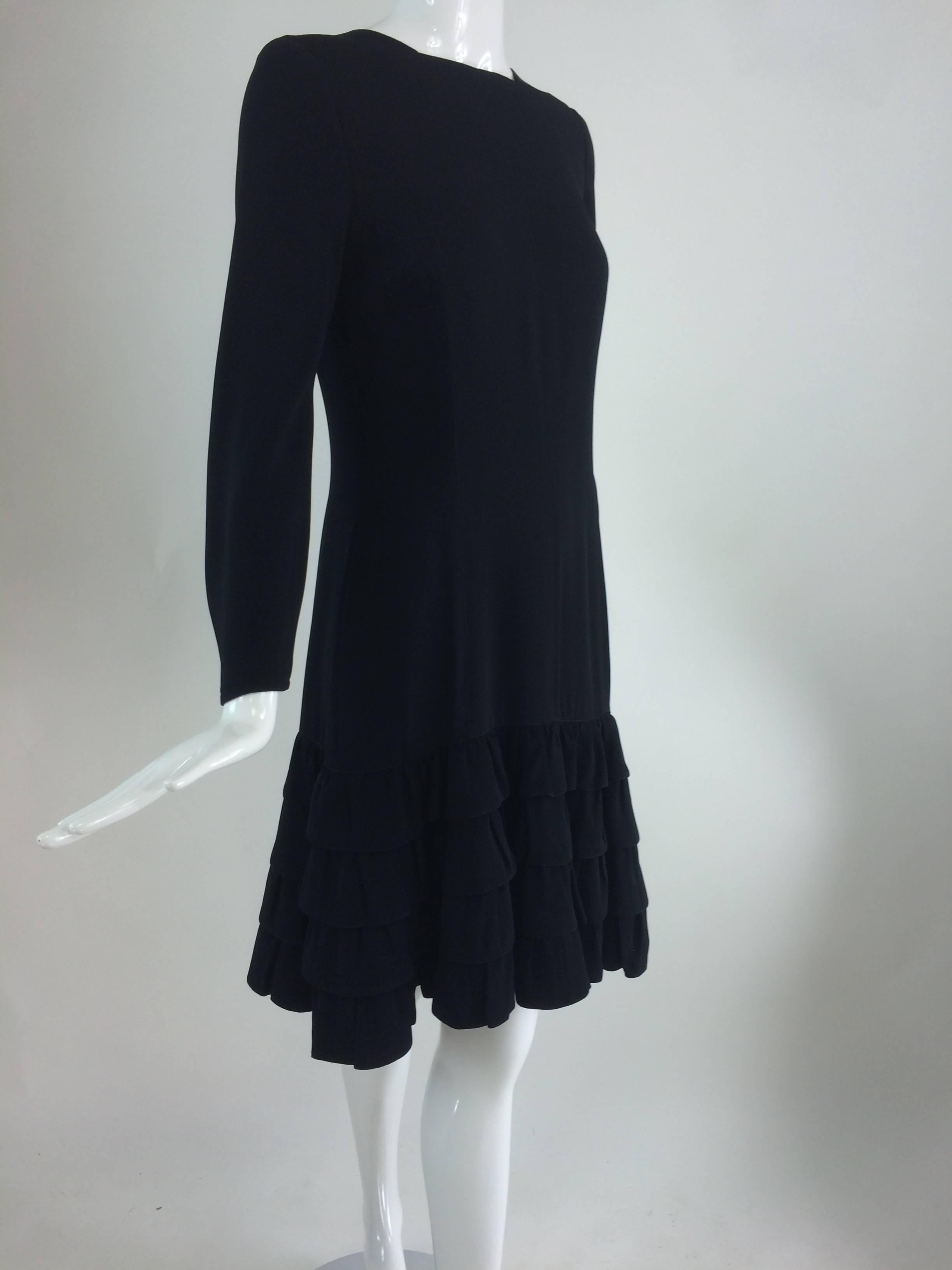 Rifat Ozbek black gabardine dress with tiered ruffle hem 1980s 1