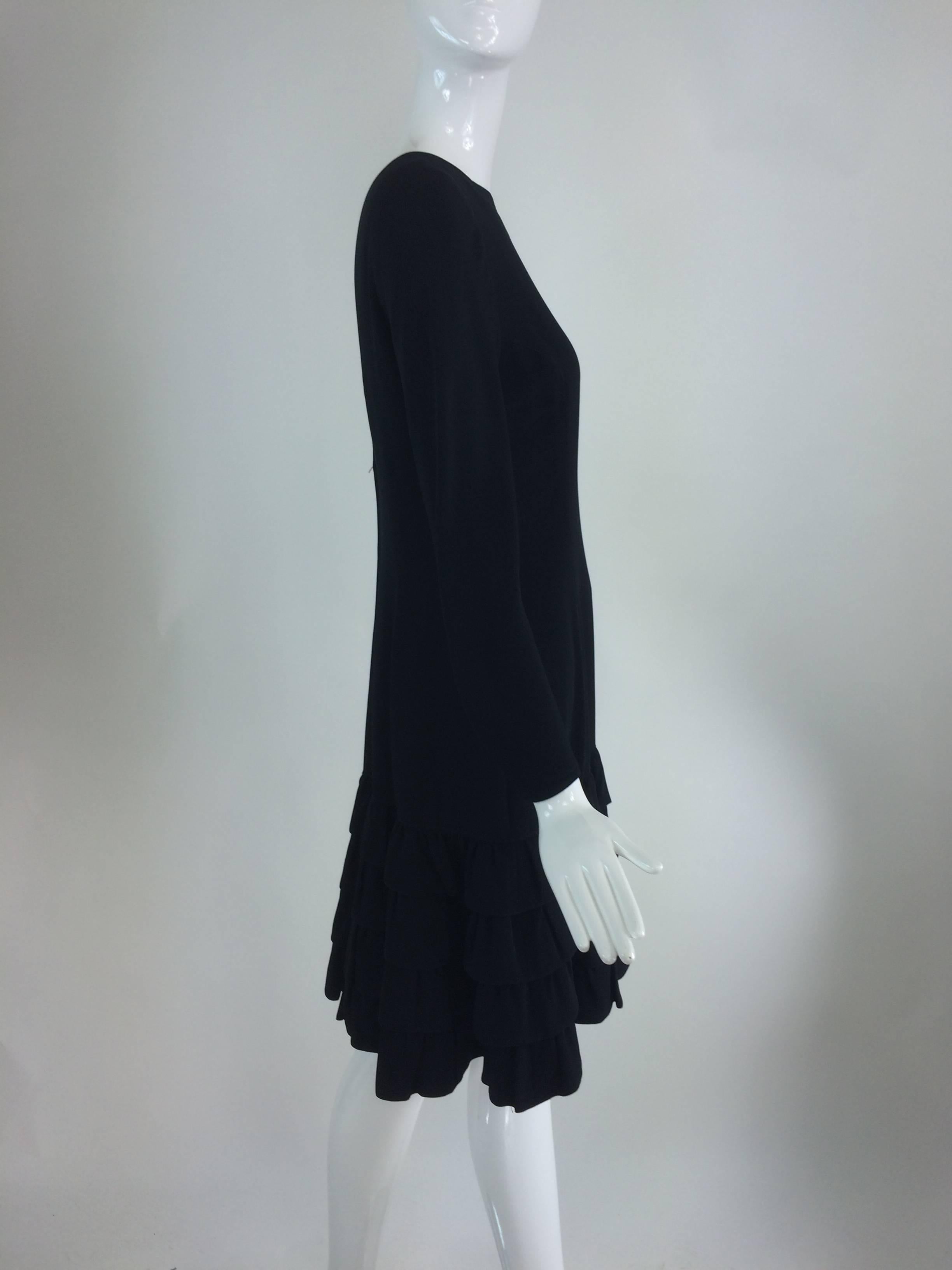 Women's Rifat Ozbek black gabardine dress with tiered ruffle hem 1980s