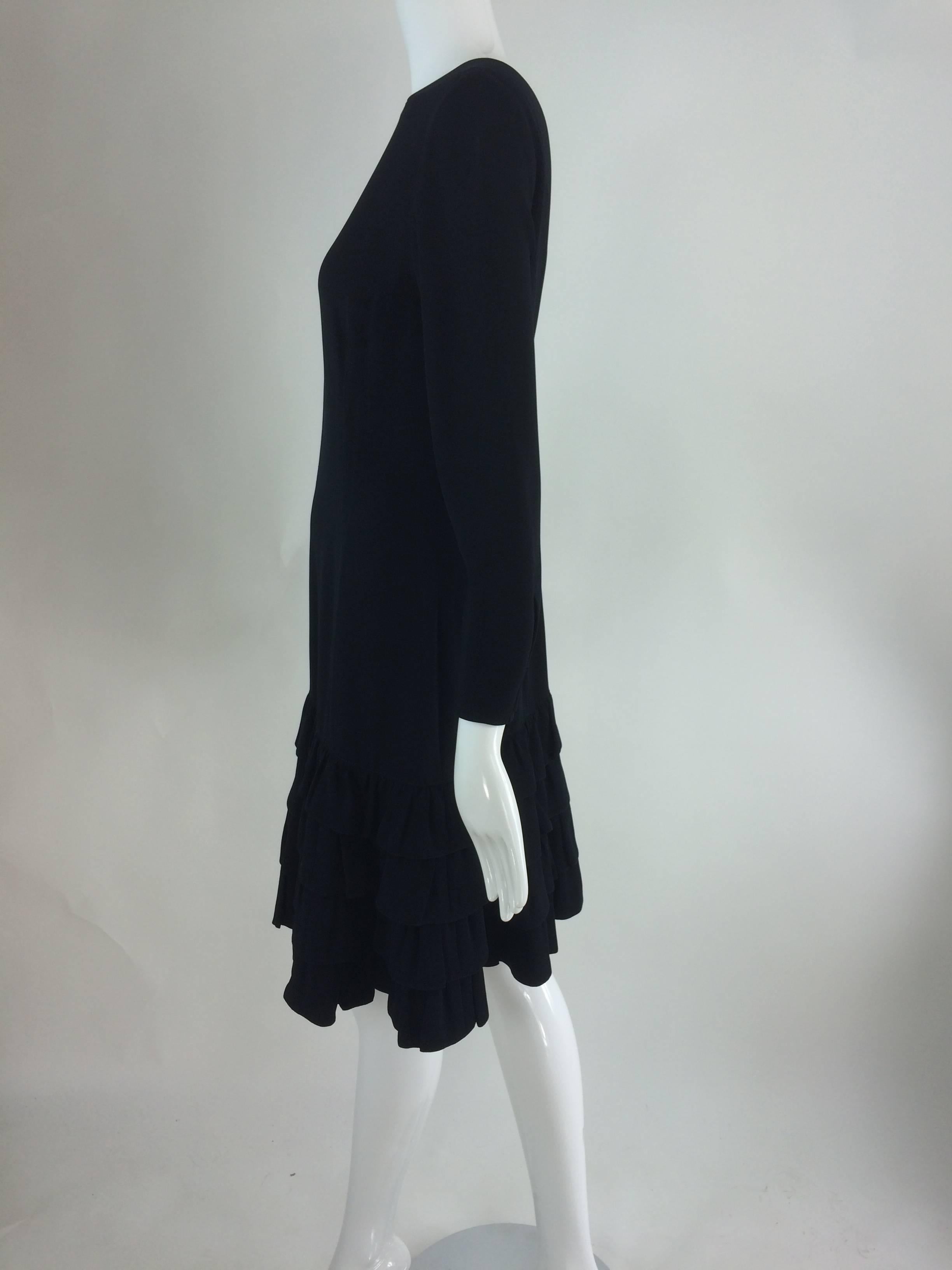 Rifat Ozbek black gabardine dress with tiered ruffle hem 1980s In Excellent Condition In West Palm Beach, FL
