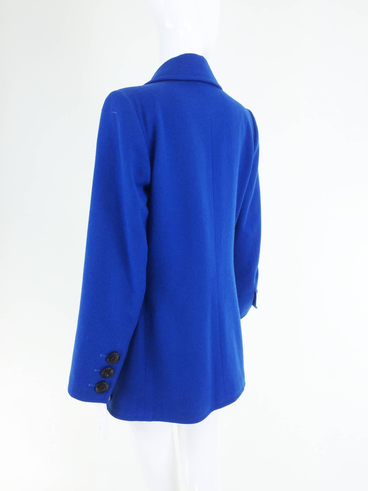 Yves St Laurent Rive Gauche bright blue wool pea coat 1990s In Excellent Condition In West Palm Beach, FL