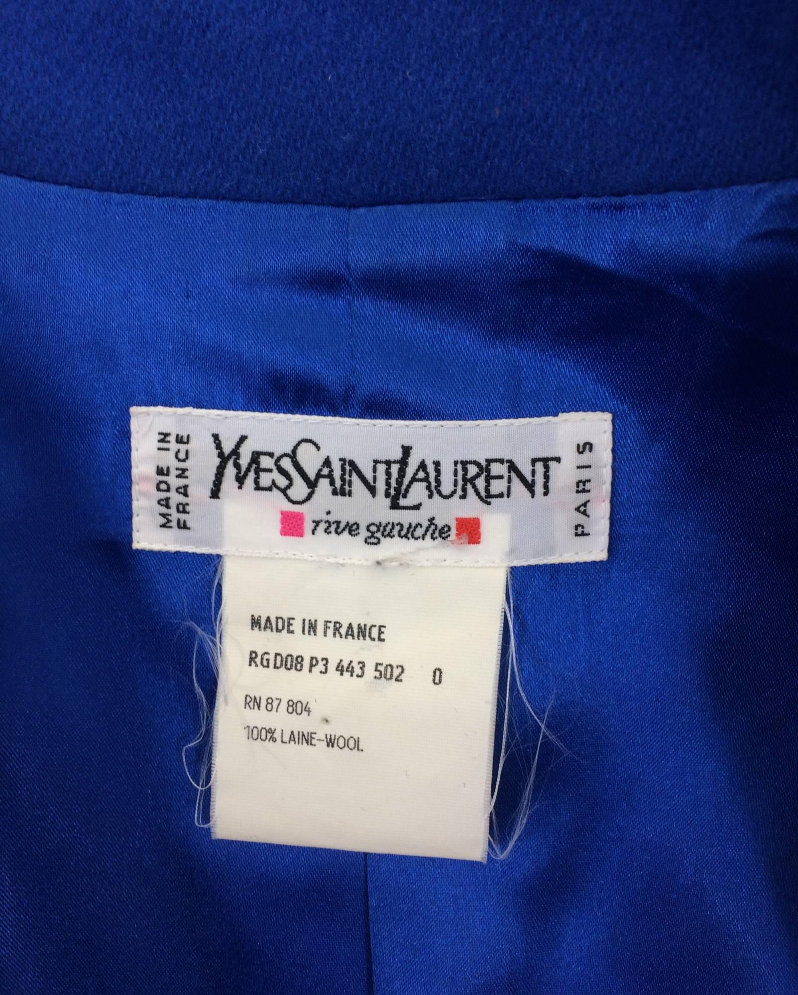 Yves St Laurent Rive Gauche bright blue wool pea coat 1990s 1