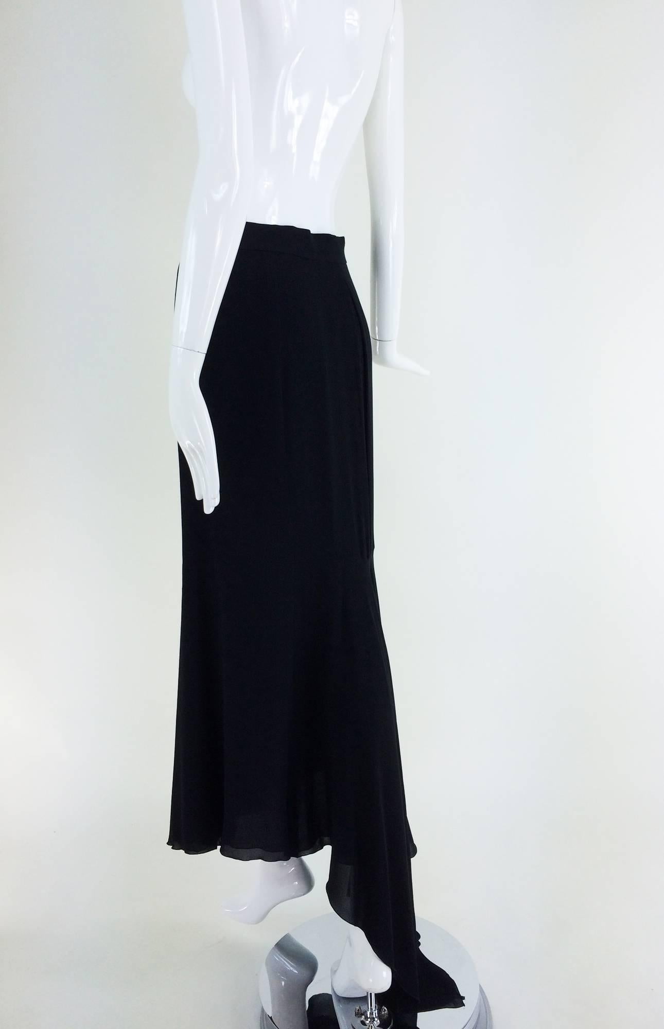 Chanel black silk chiffon evening skirt with train 1990s In Excellent Condition In West Palm Beach, FL