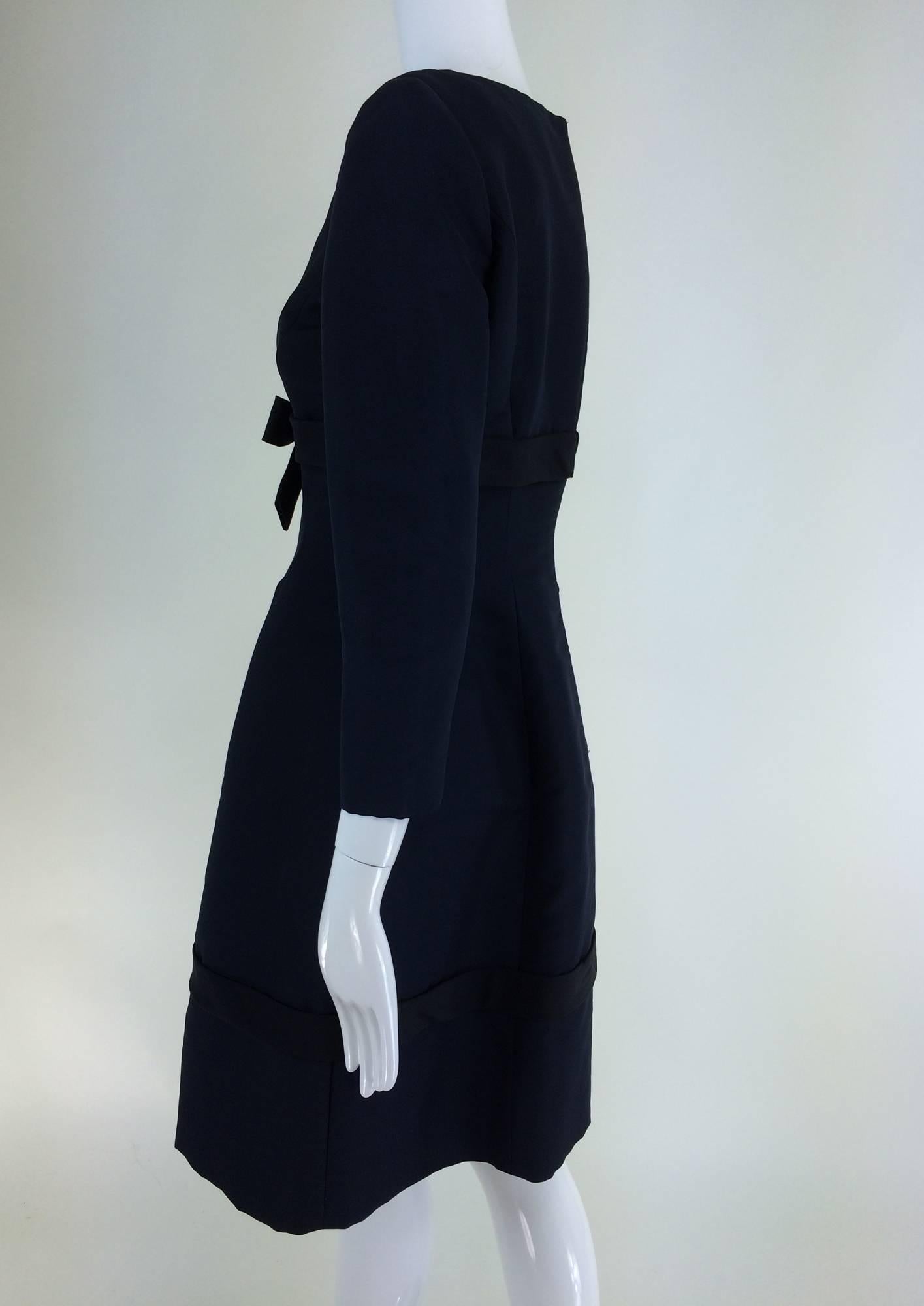Oscar de la Renta classic navy blue silk bow front dress late 1960s 1