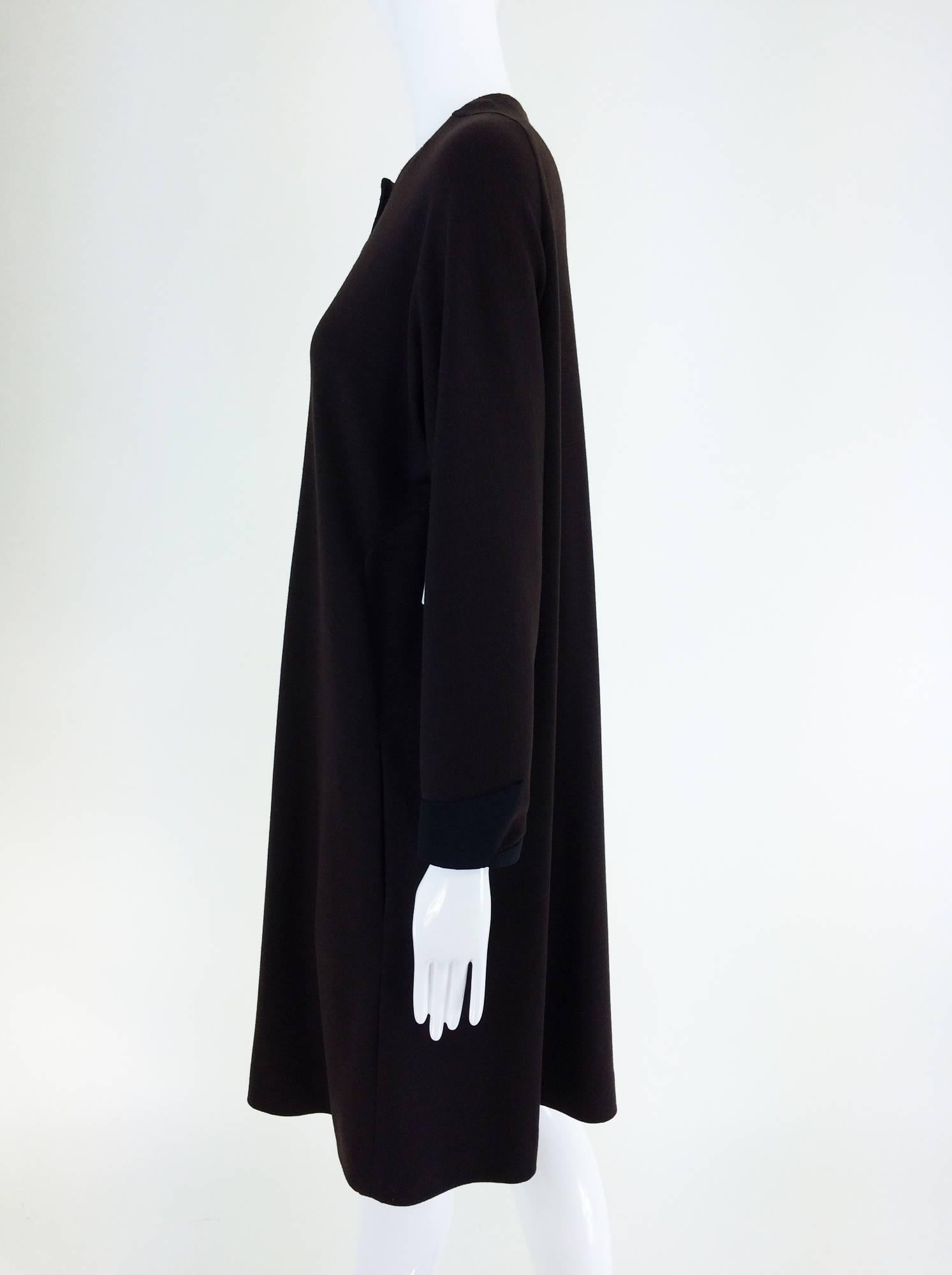 Geffrey Beene brown knit tent dress with black silk twill trims 1980s 2