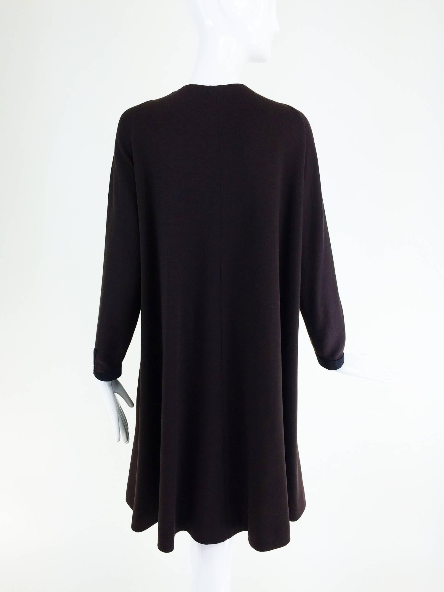 Geffrey Beene brown knit tent dress with black silk twill trims 1980s 1