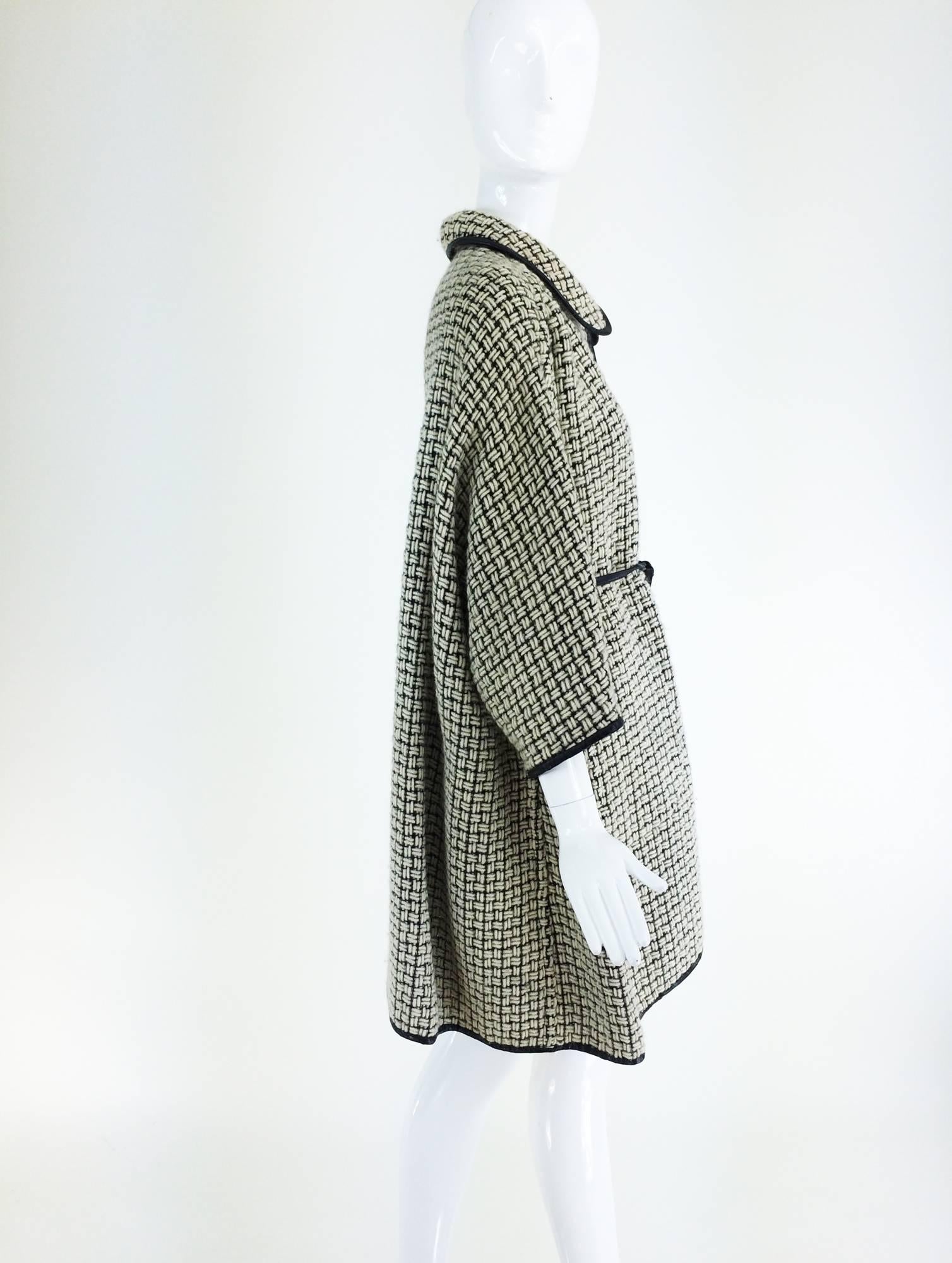 Bonnie Cashin black & white woven wool sac back coat 1950s 3