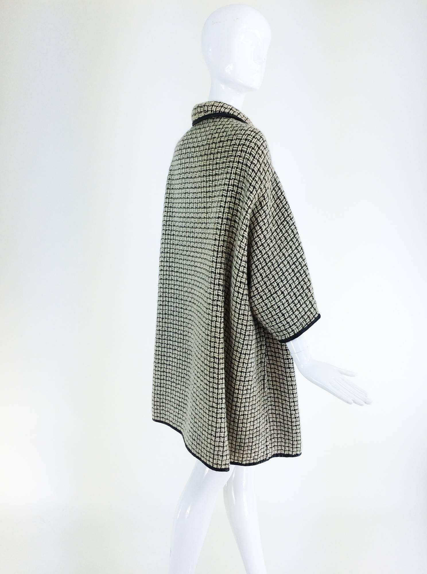 Bonnie Cashin black & white woven wool sac back coat 1950s 2