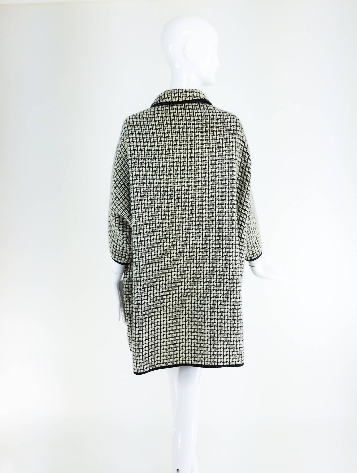 Bonnie Cashin black & white woven wool sac back coat 1950s 1