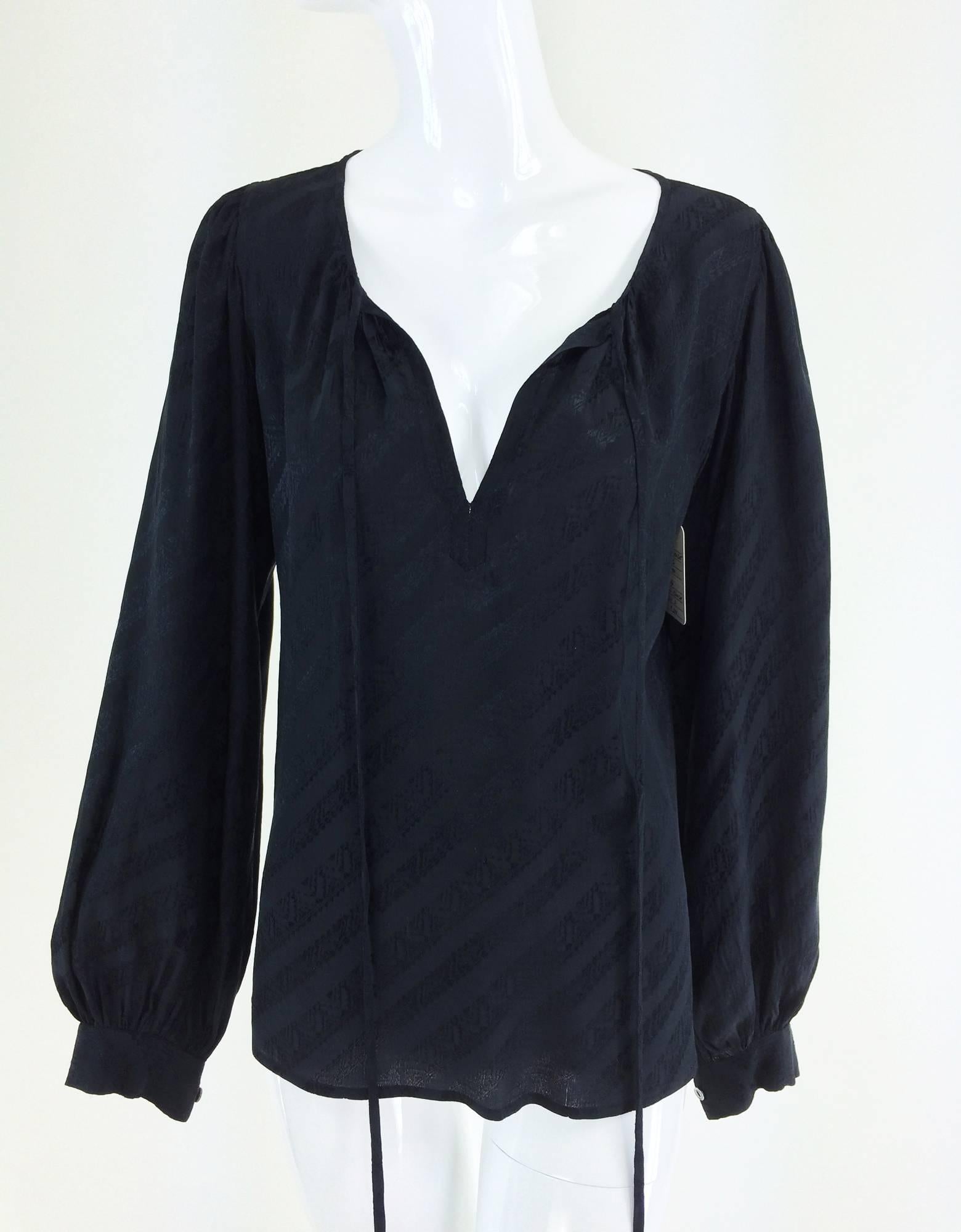 Yves St Laurent black silk jacquard peasant blouse 1970s 2