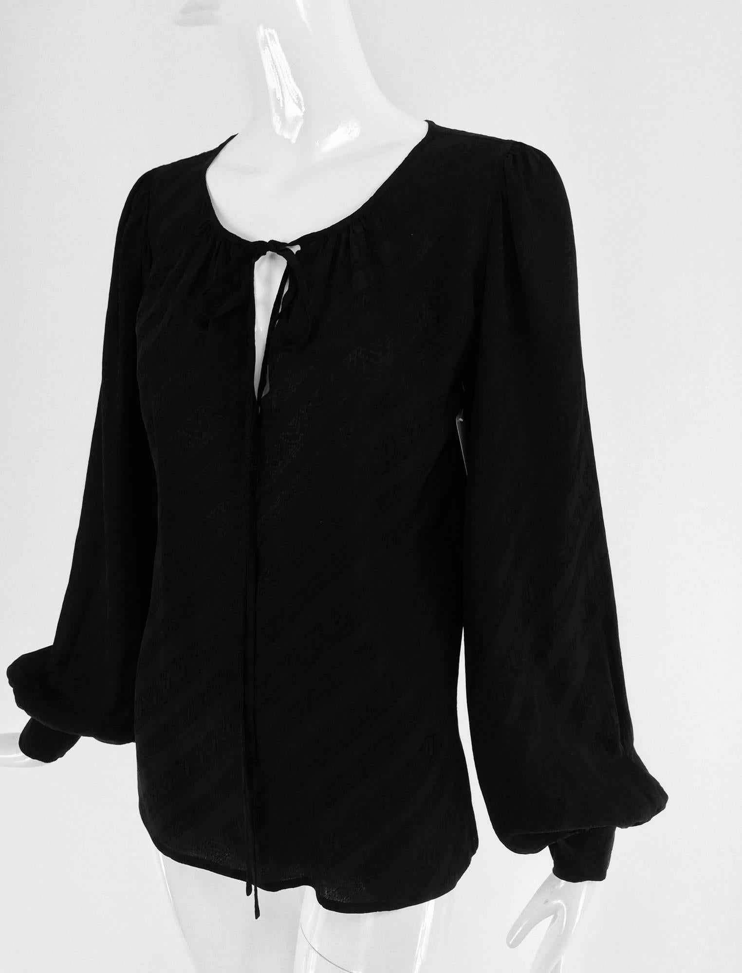 Yves St Laurent black silk jacquard peasant blouse 1970s 1