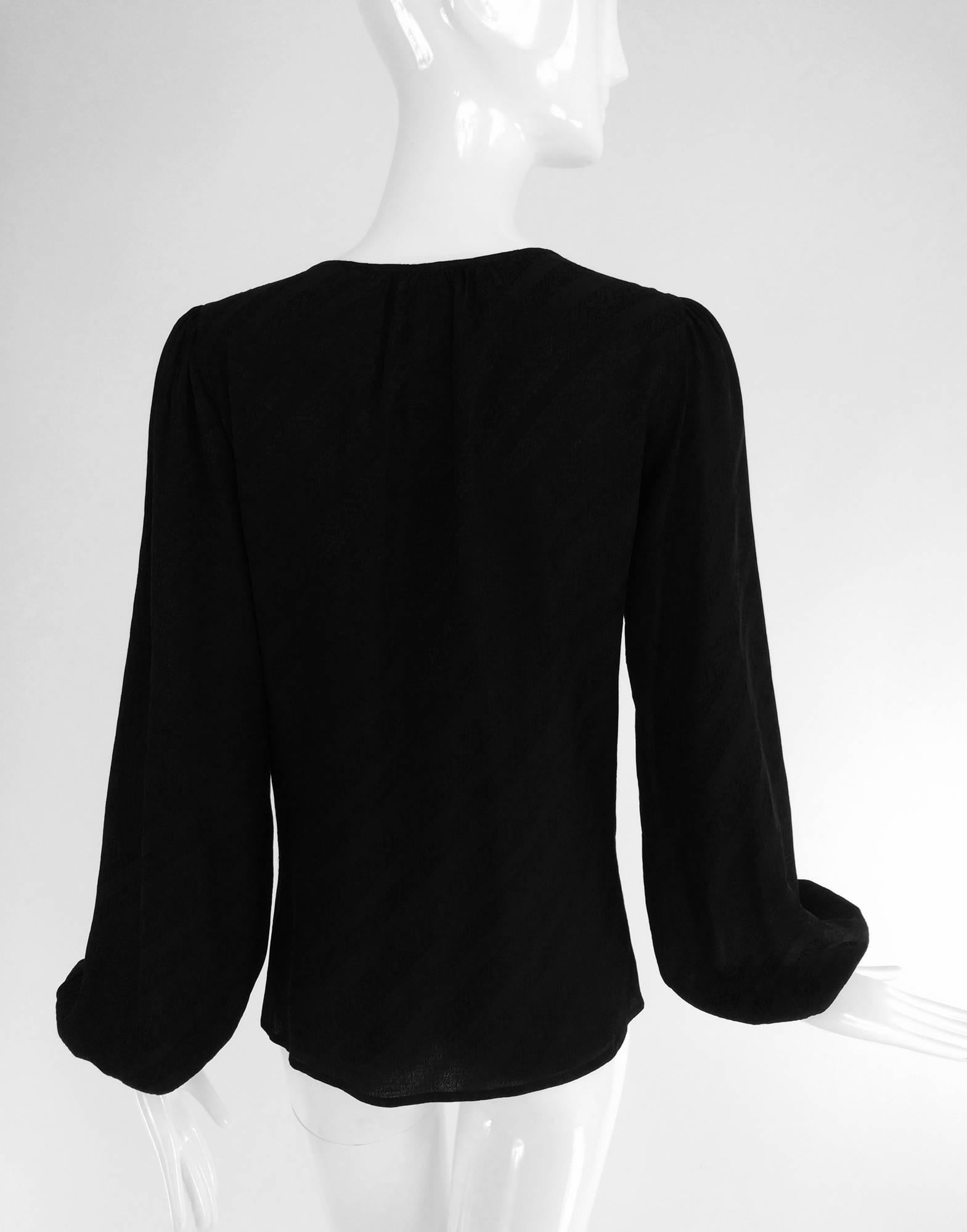Yves St Laurent black silk jacquard peasant blouse 1970s In Excellent Condition In West Palm Beach, FL