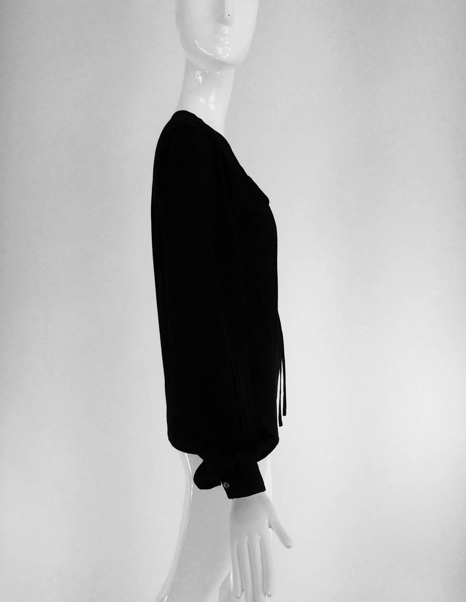 Black Yves St Laurent black silk jacquard peasant blouse 1970s