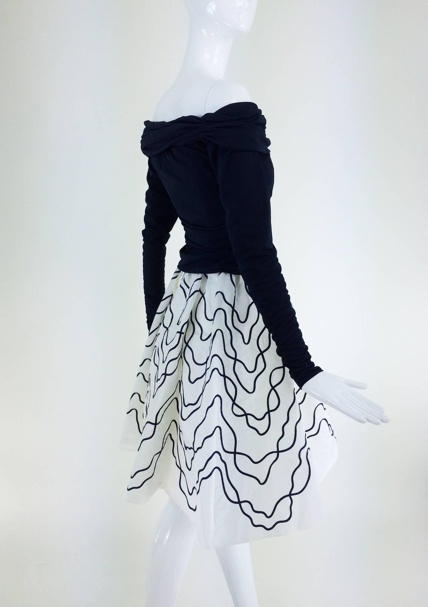 Victor Costa navy jersey draped top & paper taffeta applique full skirt 1980s 3