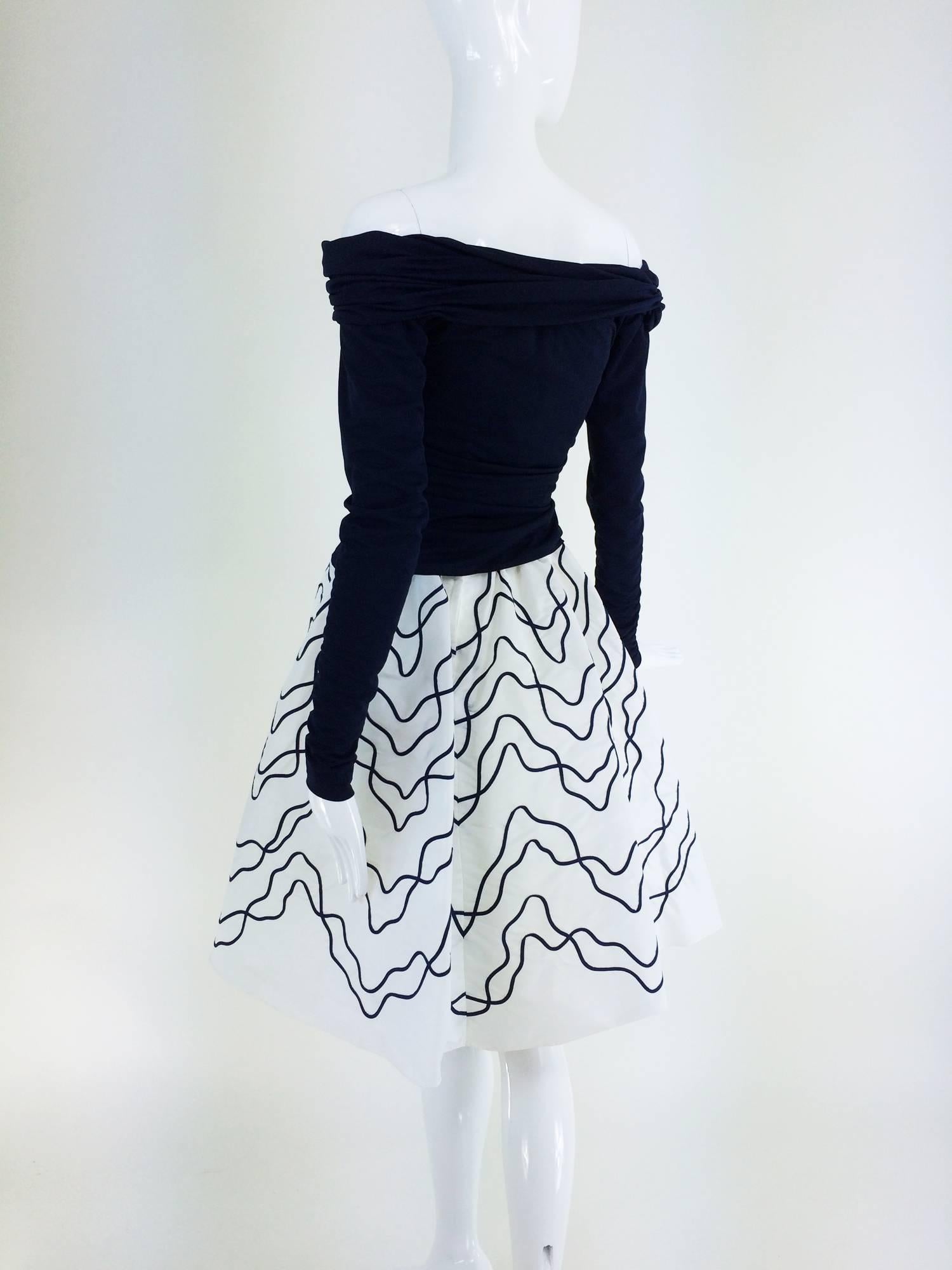 Victor Costa navy jersey draped top & paper taffeta applique full skirt 1980s 1